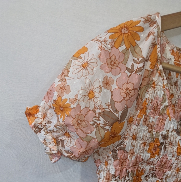 Lush 100% Cotton Pink Ditsy Floral Puff Sleeve Sheared Blouse Top Size Small - Picture 6 of 9